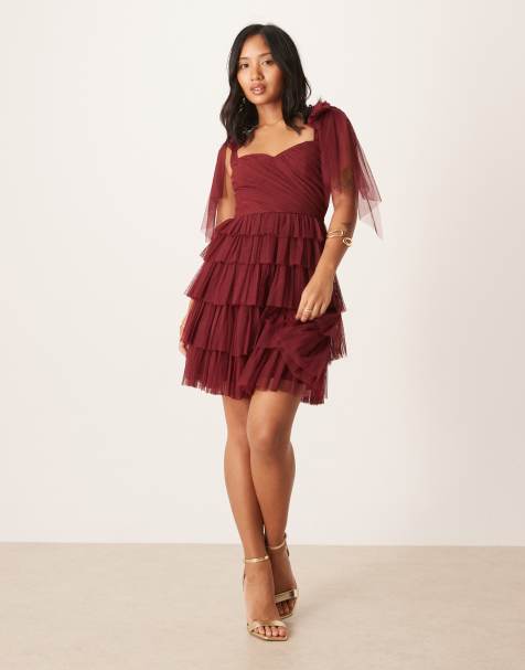 Lace & Beads Petite bow shoulder tulle ruffle mini dress in burgundy - view 1
