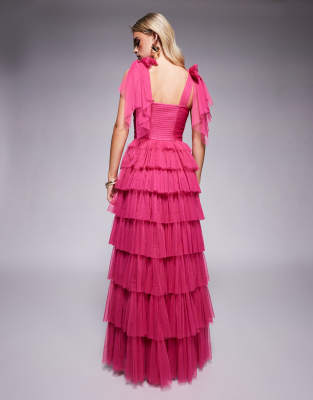 Lace & Beads Petite Bowshoulder Tiered Tulle Maxi Dress In Pink