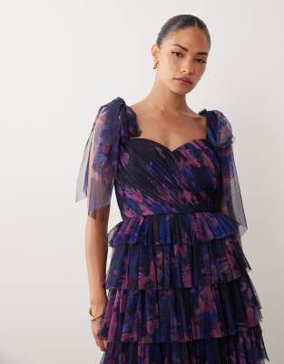Lace & Beads Petite Bridesmaid Bow Shoulder Tulle Maxi Dress In Multi