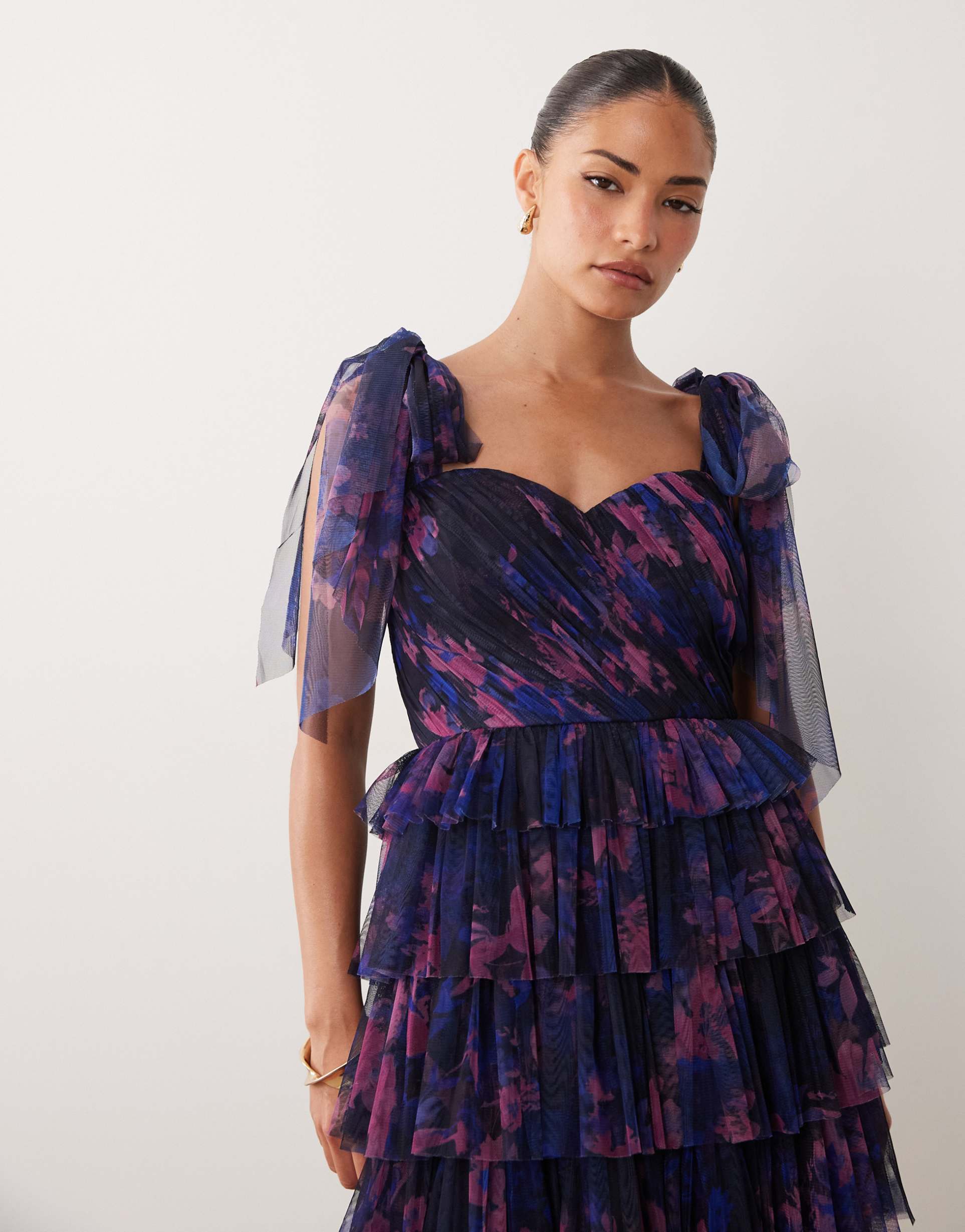 lace & beads petite bridesmaid bow shoulder tulle maxi dress in dark blue floral