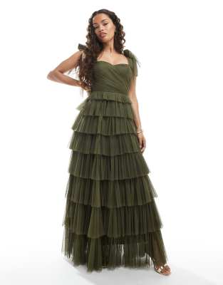 Lace & Beads Petite Lace & Beads Petite Bridesmaid bow shoulder tulle maxi dress in deep olive-Green