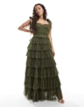 [Lace & Beads Petite] Lace & Beads Petite Bridesmaid bow shoulder tulle maxi dress in deep olive-Green 10 Deep olive