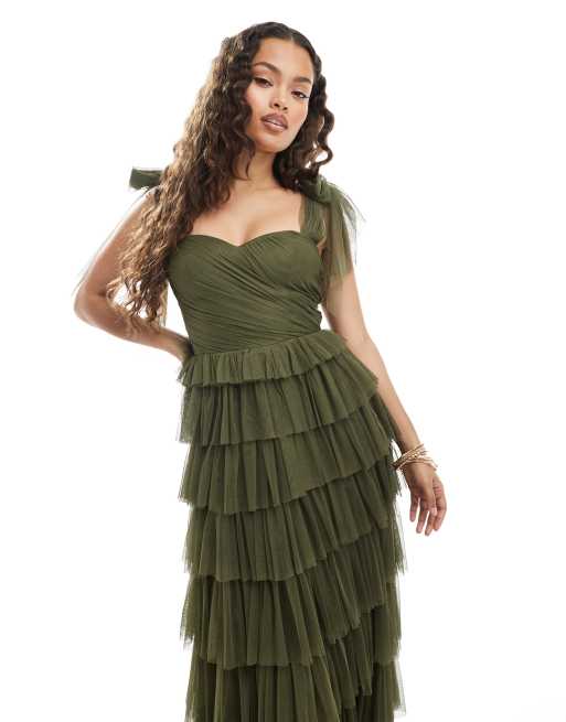 Lace & Beads Petite Bridesmaid bow shoulder tulle maxi dress in deep olive, 2 of 4