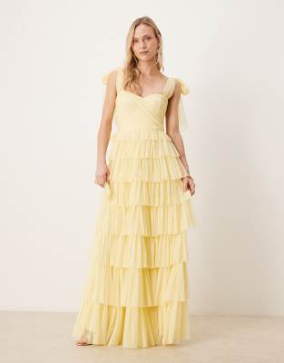Lace & Beads Petite Bridesmaid bow shoulder tulle maxi dress in lemon