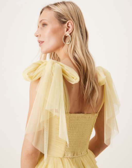 Lace & Beads Petite Bridesmaid bow shoulder tulle maxi dress in lemon , 3 of 4