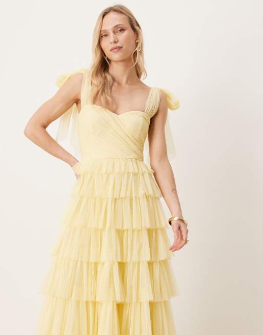Lace & Beads Petite Bridesmaid bow shoulder tulle maxi dress in lemon , 4 of 4