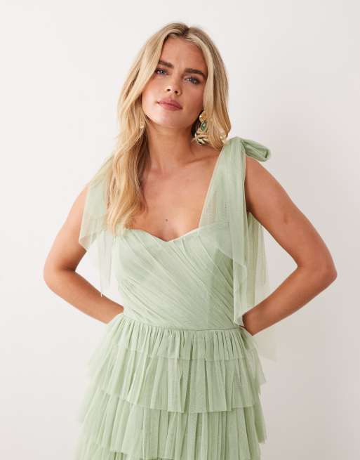 Lace & Beads Petite Bridesmaid bow shoulder tulle maxi dress in sage green, 2 of 4