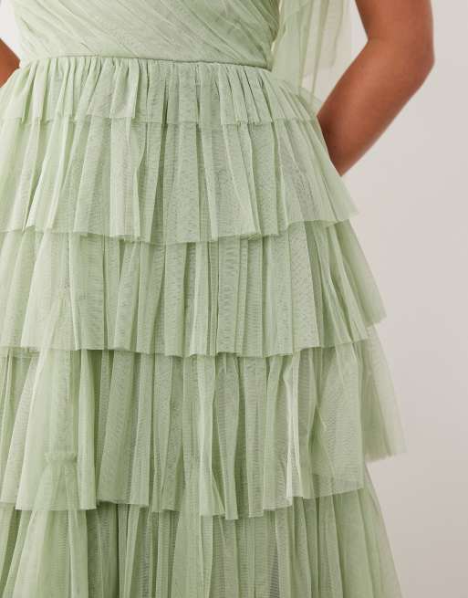 Lace & Beads Petite Bridesmaid bow shoulder tulle maxi dress in sage green, 3 of 4
