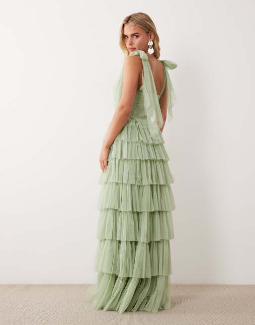 Lace & Beads Petite Bridesmaid bow shoulder tulle maxi dress in sage green, 4 of 4