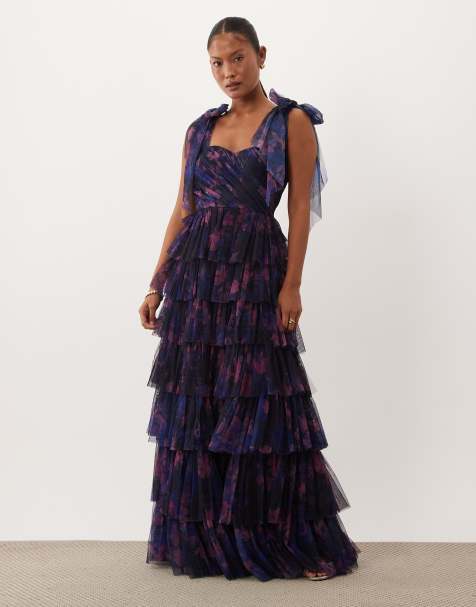 Lace & Beads Petite Bridesmaid bow shoulder tulle tiered maxi dress in cobalt blue floral - view 1