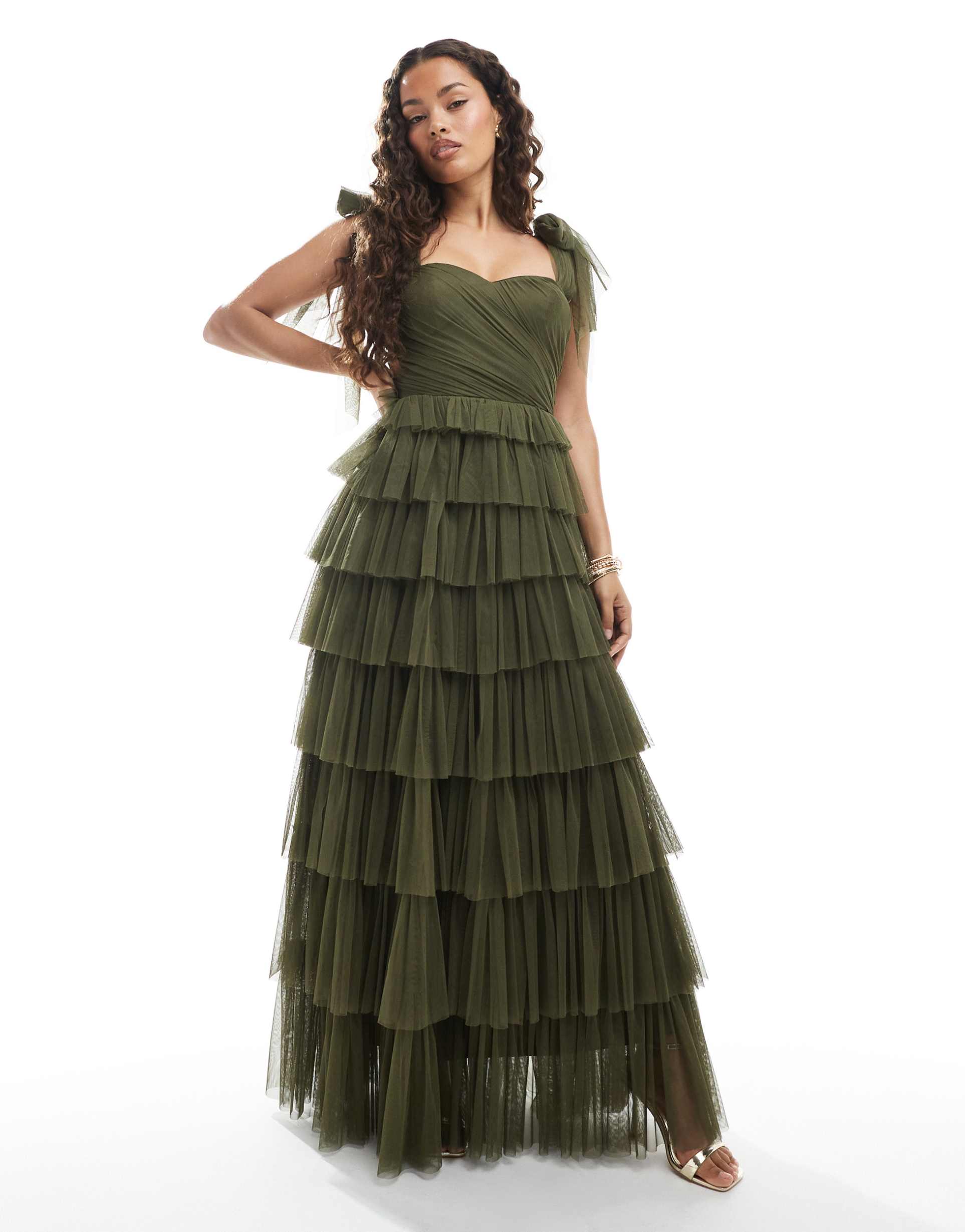 lace & beads petite bridesmaid bow shoulders tulle maxi dress in deep olive