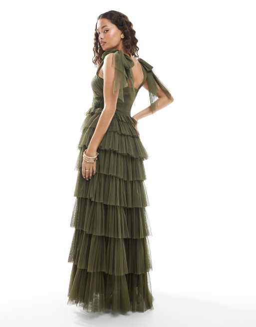 Lace & Beads Petite Bridesmaid bow shoulders tulle maxi dress in deep olive, 4 of 4