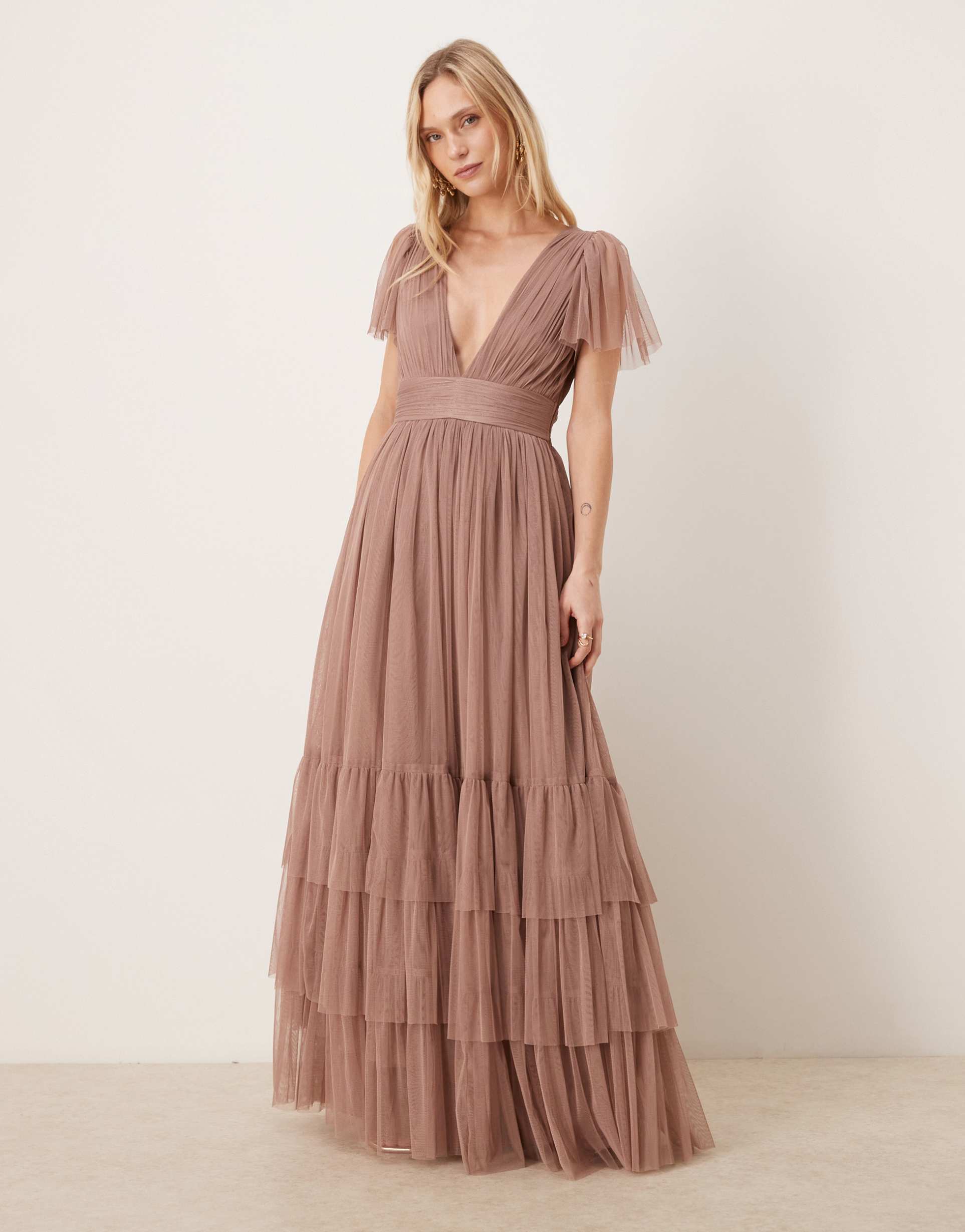 lace & beads petite bridesmaid madison flutter sleeve maxi dress in taupe