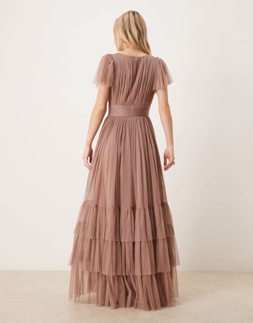 Lace & Beads Petite Bridesmaid Madison flutter sleeve maxi dress in taupe |  ASOS