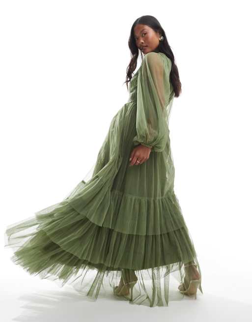 Lace & Beads Petite Bridesmaid Madison long sleeve maxi dress in soft olive, 2 of 4