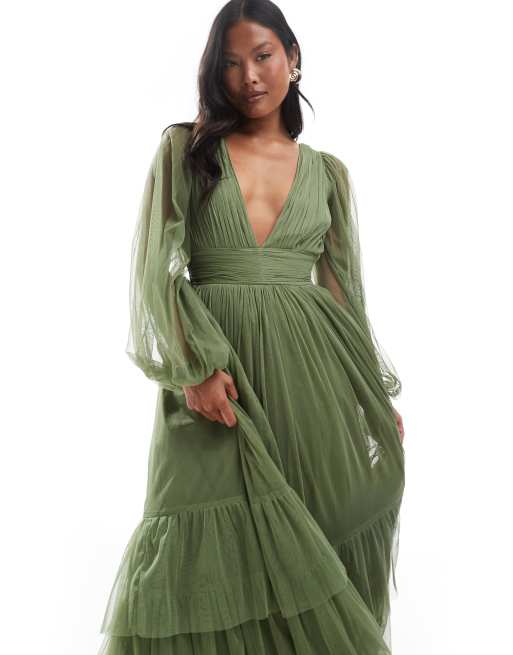 Lace & Beads Petite Bridesmaid Madison long sleeve maxi dress in soft olive, 3 of 4