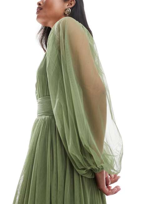 Lace & Beads Petite Bridesmaid Madison long sleeve maxi dress in soft olive, 4 of 4