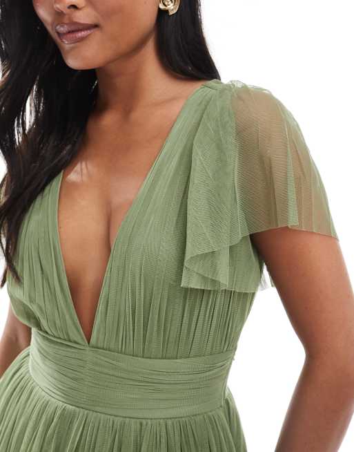 Lace & Beads Petite Bridesmaid Madison maxi dress in soft olive green, 2 of 4