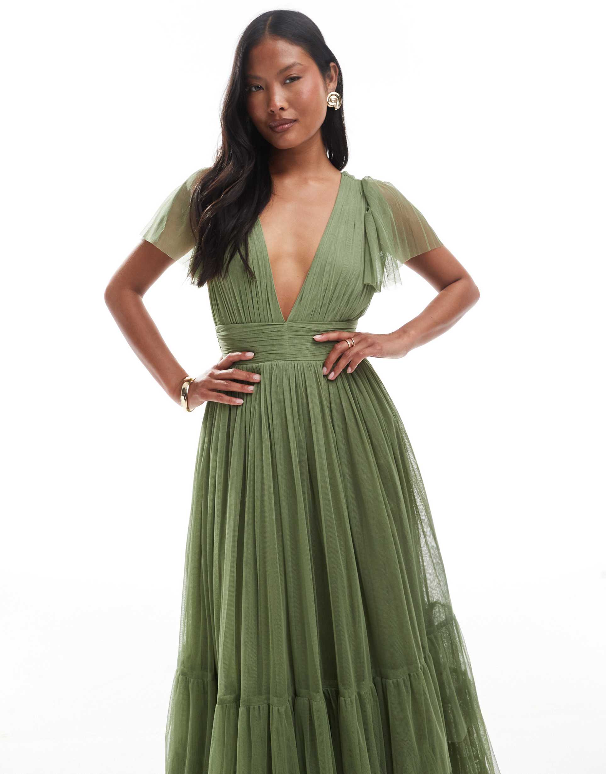 lace & beads petite bridesmaid madison maxi dress in soft olive green
