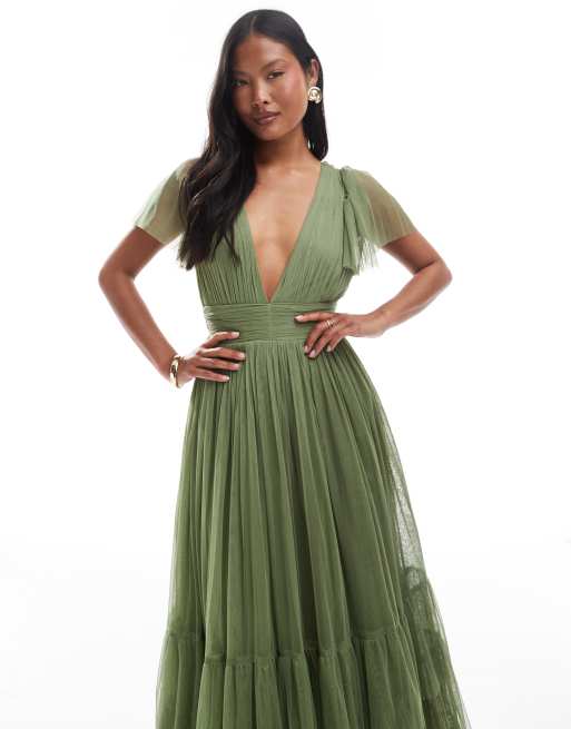 Lace & Beads Petite Bridesmaid Madison maxi dress in soft olive green