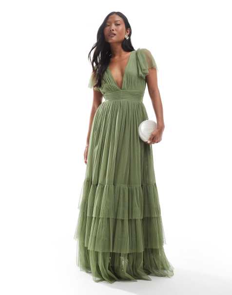 Lace & Beads Petite Bridesmaid Madison maxi dress in soft olive