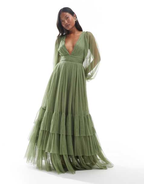 Lace & Beads Petite Bridesmaid Madison long sleeve maxi dress in soft olive