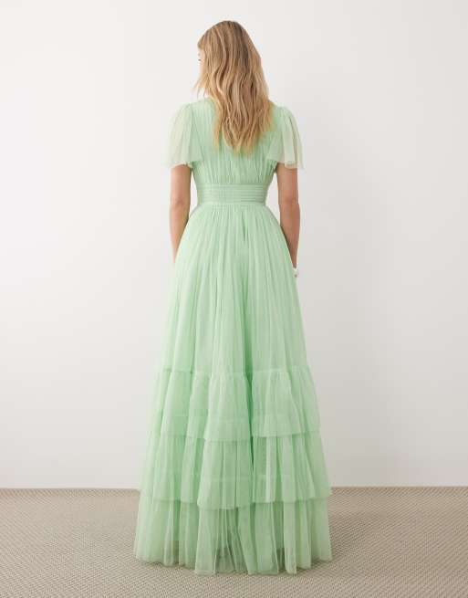 Lace & Beads Petite Bridesmaid Madison smocked flutter sleeve tiered maxi dress in light sage, 4 of 4