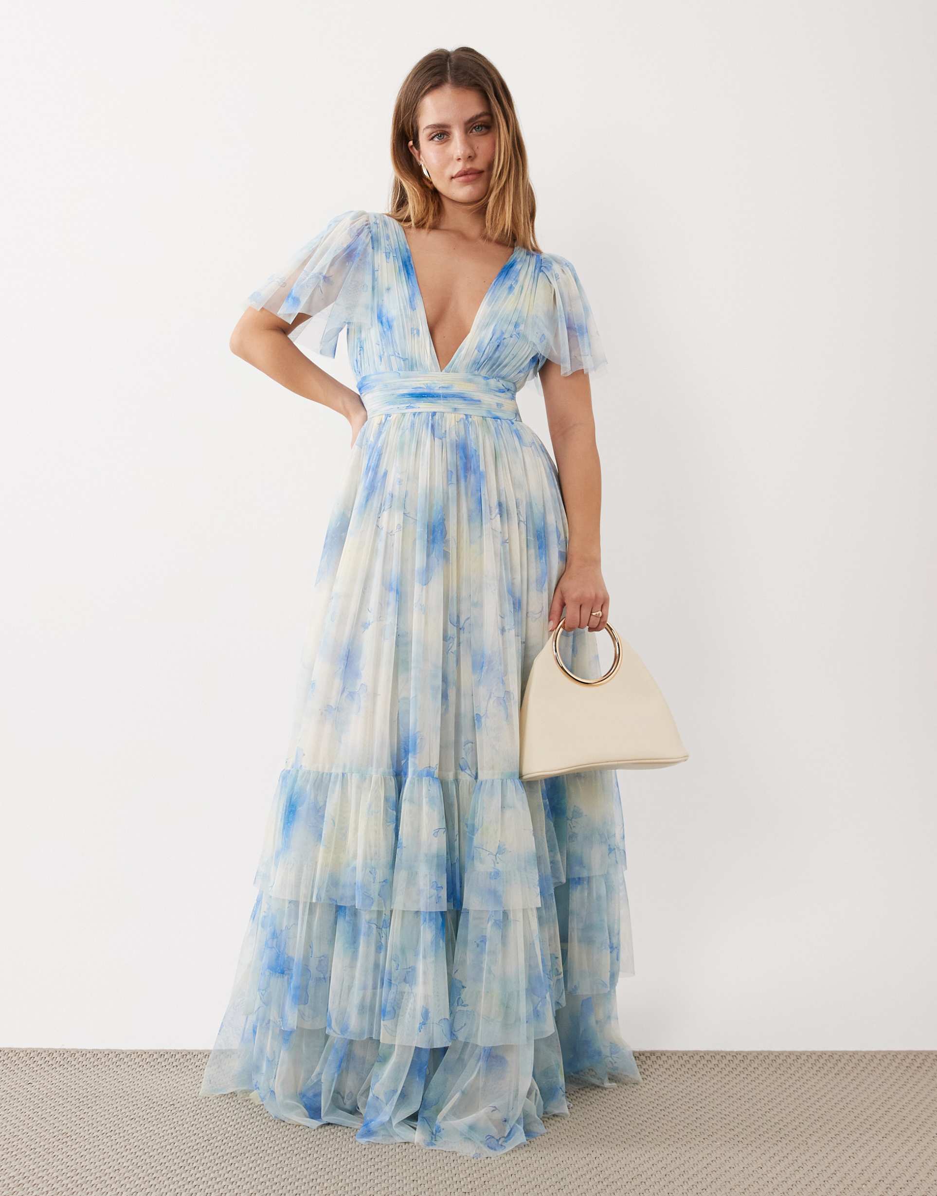 lace & beads petite bridesmaid madison smocked plunge neck flutter sleeve maxi dress in soft blue floral