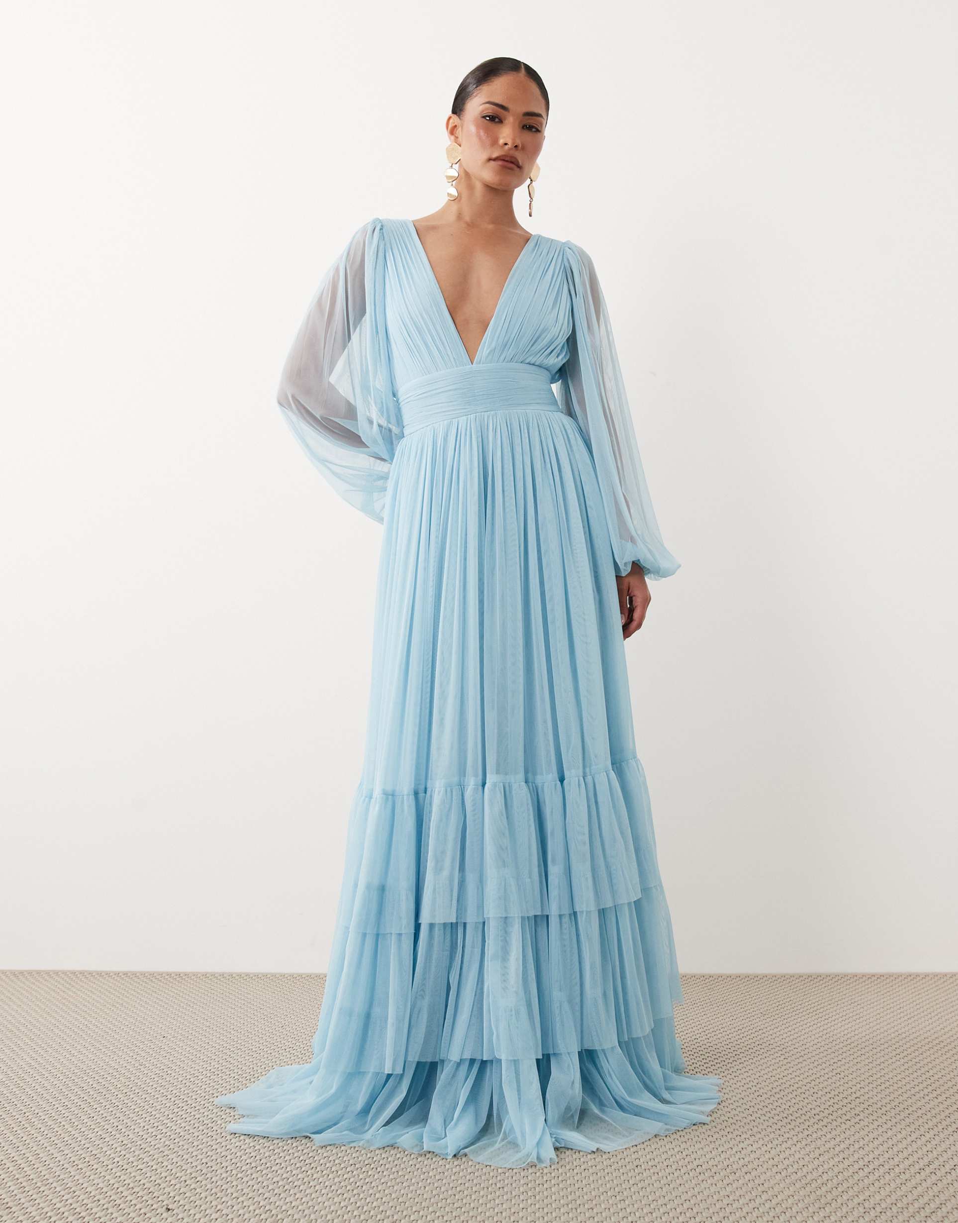 lace & beads petite bridesmaid madison smocked plunge neck sheer sleeves maxi dress in soft blue