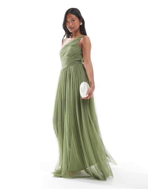 Lace & Beads Petite Bridesmaid one shoulder maxi dress in soft olive green - view 1