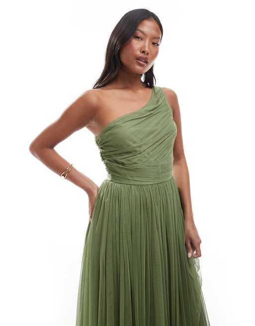 Lace & Beads Petite Bridesmaid one shoulder maxi dress in soft olive, 2 of 4