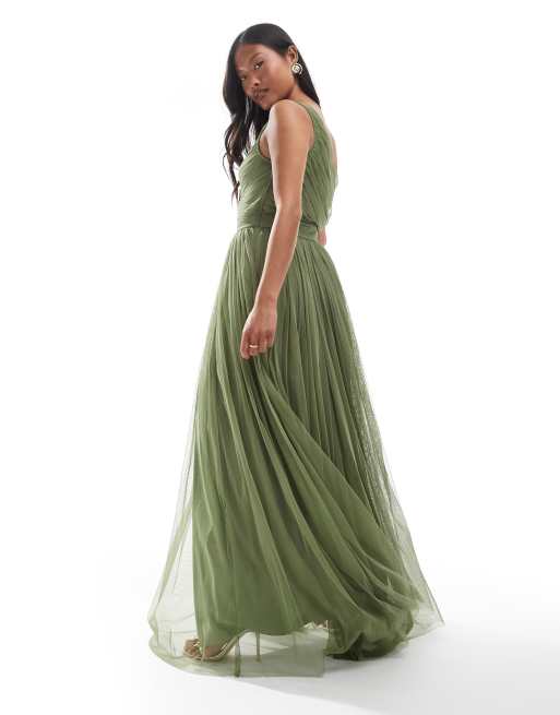 Lace & Beads Petite Bridesmaid one shoulder maxi dress in soft olive, 3 of 4
