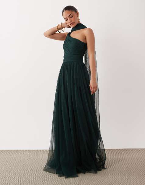 Lace & Beads Petite Bridesmaid one shoulder scarf neck maxi dress in emerald green - view 1