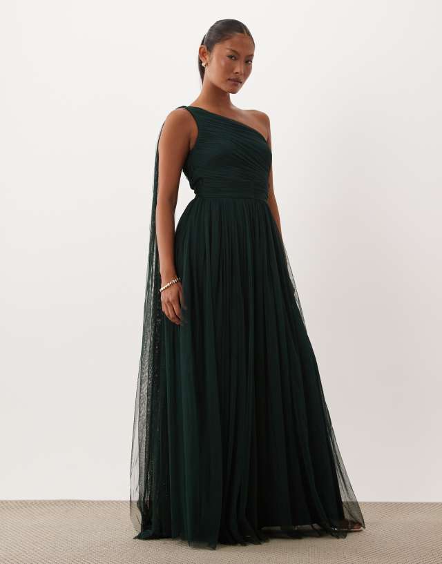 one shoulder emerald green dress Lace & Beads Petite Bridesmaid scarf neck maxi in emerald green evening dress