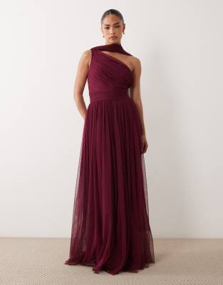 Lace & Beads Petite Bridesmaid One Shoulder Scarf Neck Maxi Dress In Red