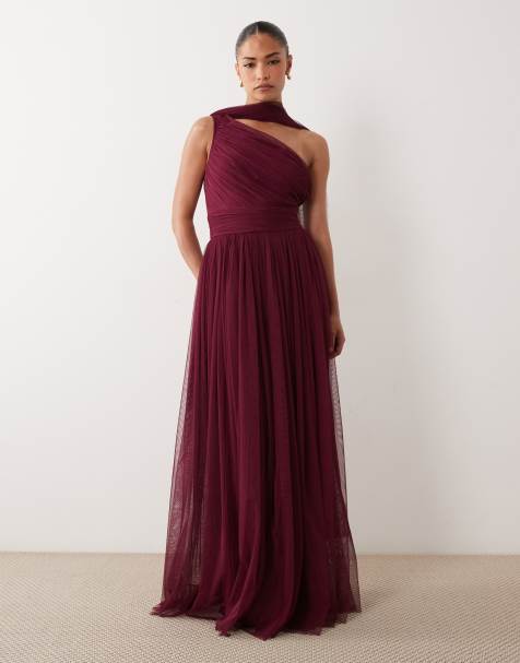 Lace & Beads Petite Bridesmaid one shoulder scarf neck maxi dress in fig - view 1