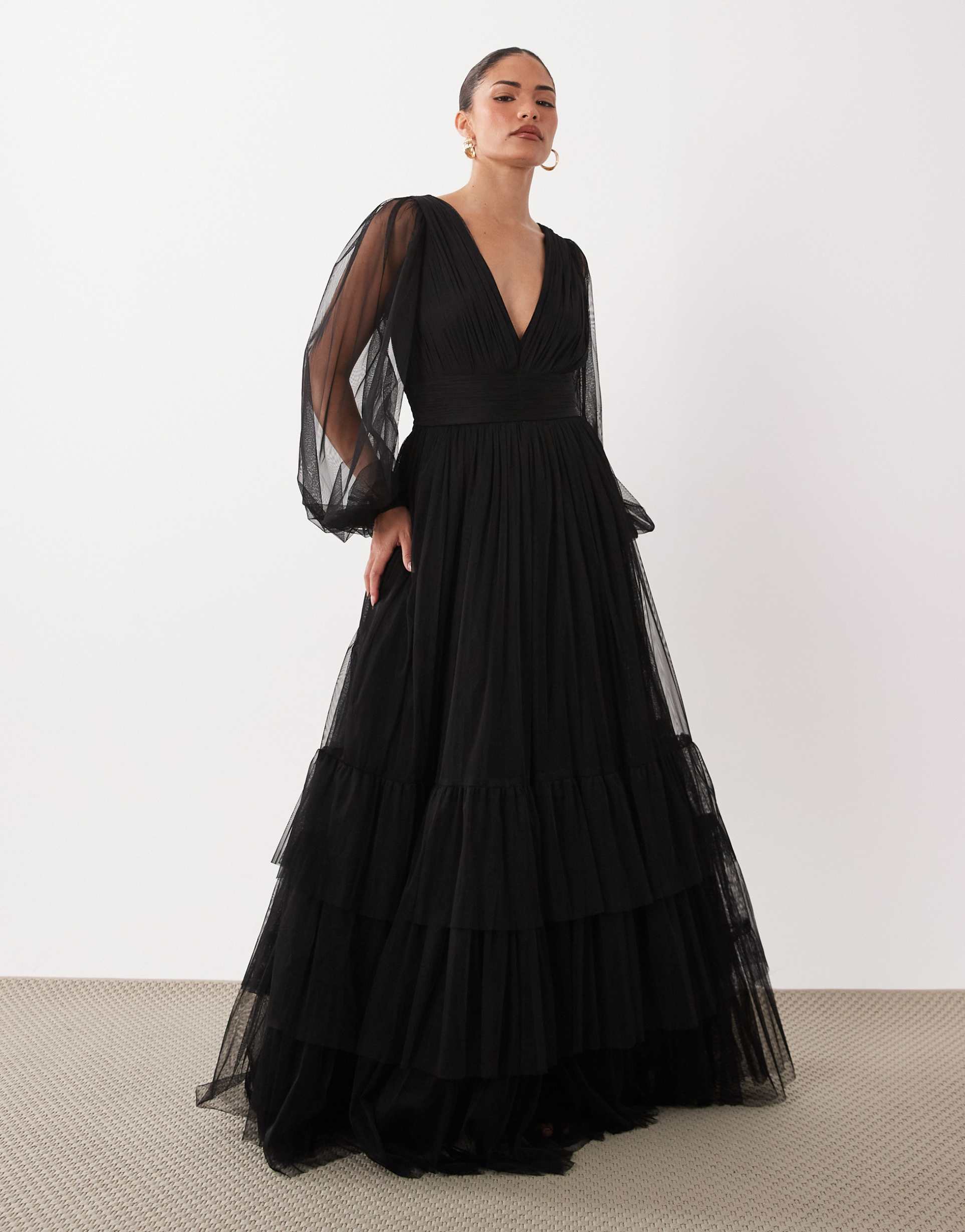 lace & beads petite bridesmaid sheer mesh sleeve plunge neck tiered maxi dress in black