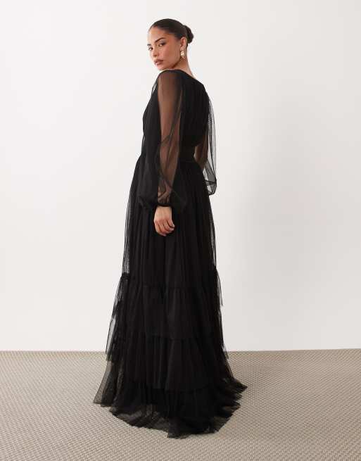black long sleeve bridesmaid dresses Julianna Modest V Neck Sleeves Ruffles Chiffon Dresses, airy tulle skirts Azazie Norah