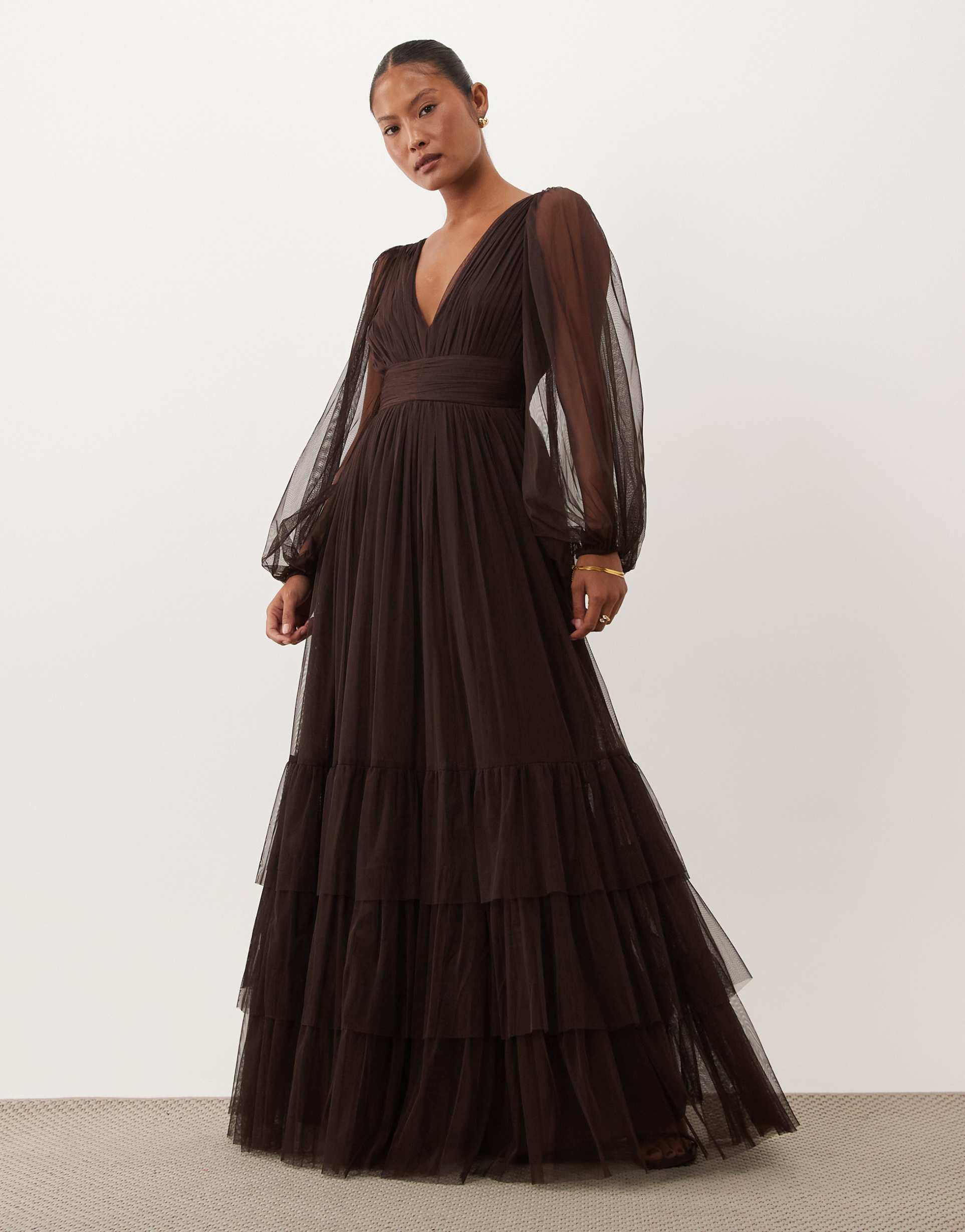 lace & beads petite bridesmaid sheer mesh sleeve plunge neck tiered maxi dress in chocolate plum