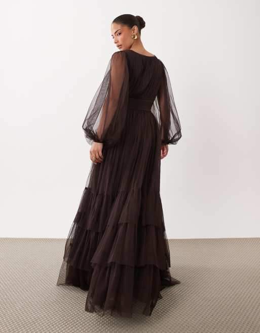 mesh bridesmaid dress Off-shoulder Mesh Neck Black Velvet Bridesmaid Dress