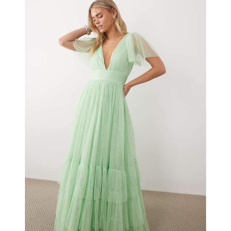 Lace & Beads Petite Bridesmaid smocked Madison maxi dress in light sage |  ASOS