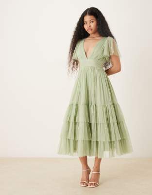 Lace & Beads Petite Bridesmaid tulle flutter sleeve plunge neck midi dress in sage green