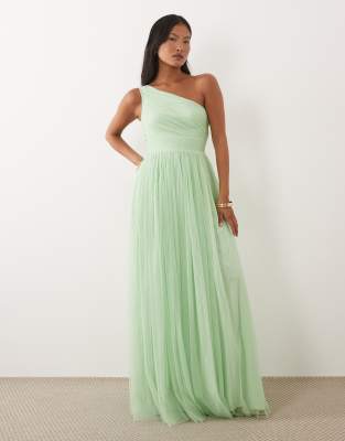 Lace & Beads Petite Bridesmaid Tulle One Shoulder Fitted Waist Maxi Dress In Green