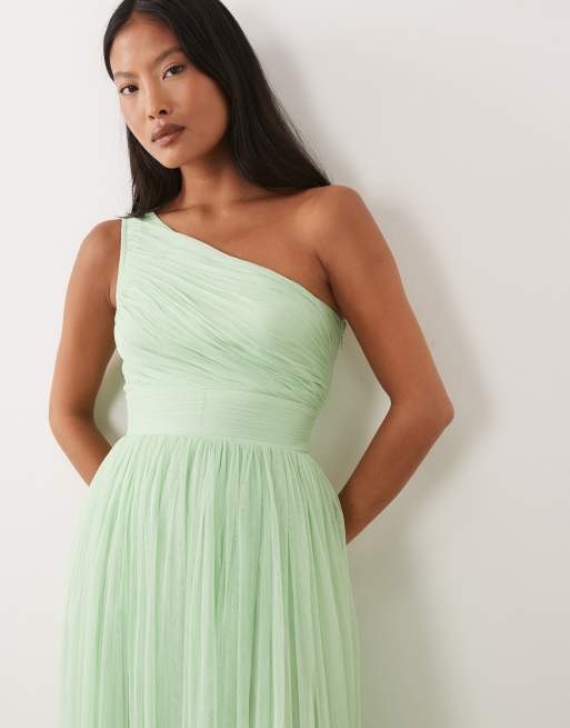 Lace & Beads Petite Bridesmaid tulle one shoulder fitted waist maxi dress in light sage