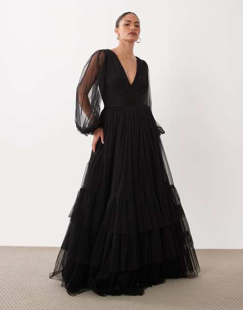 Lace & Beads Petite Bridesmaid tulle sheer sleeve plunge neck tiered maxi dress in black - view 1