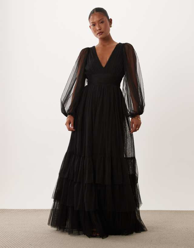 black sheer tulle dress Lace & Beads - Petite Tiered Maxi - Women - Polyester - 8 US line dry Size Guide:12 Party Wear For Men ACTIVE WIDE BOOT