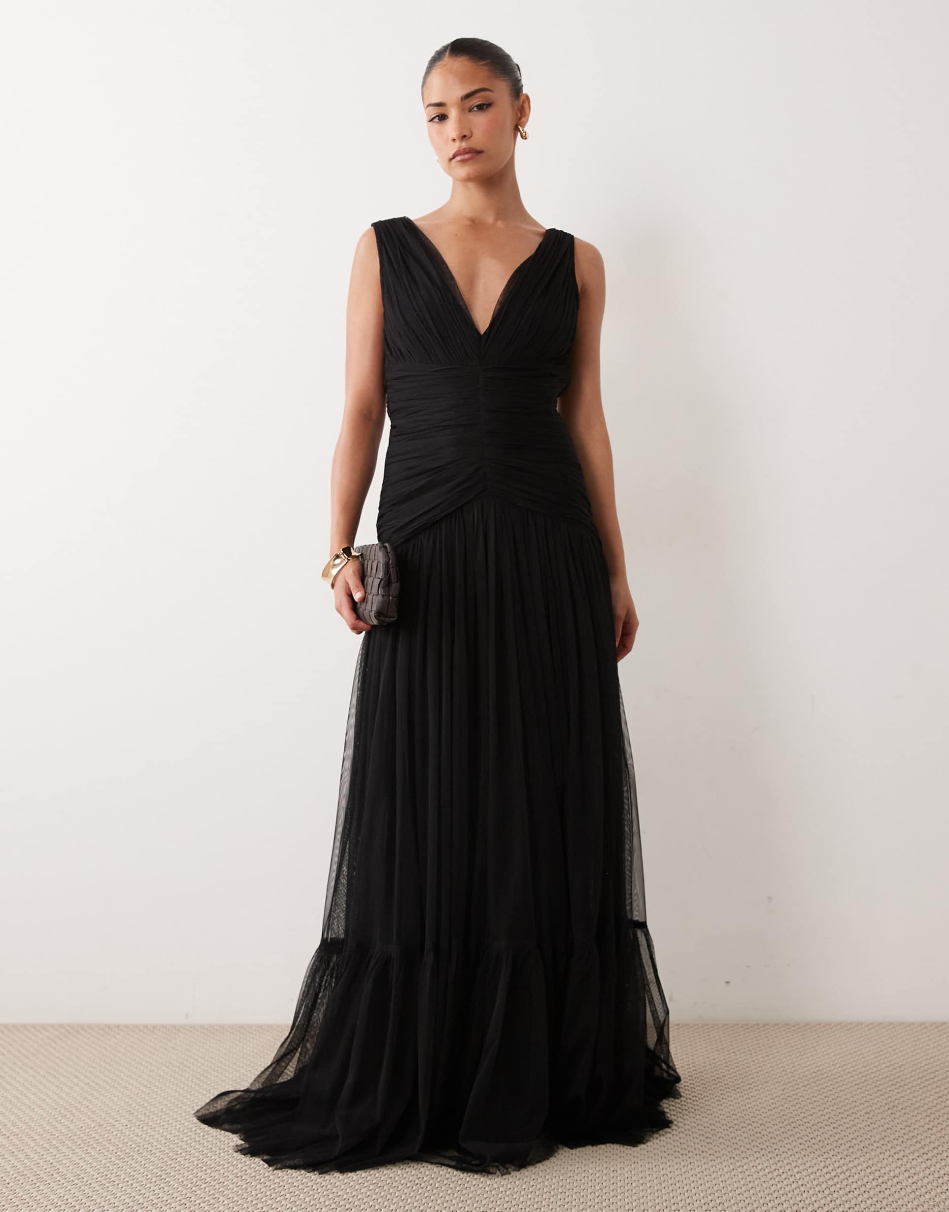 lace & beads petite bridesmaid tulle sleeveless dropped waist tiered hem maxi dress in black