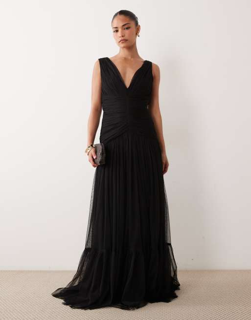 tulle-proof black tulle beaded tie-shoulder tiered mini dress Lace & Beads long sleeve plunge tiered tulle mini dress in black