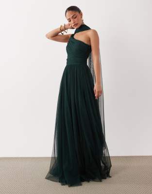 Lace & Beads Petite Bridesmaids One Shoulder Scarf Neck Maxi Dress In Black