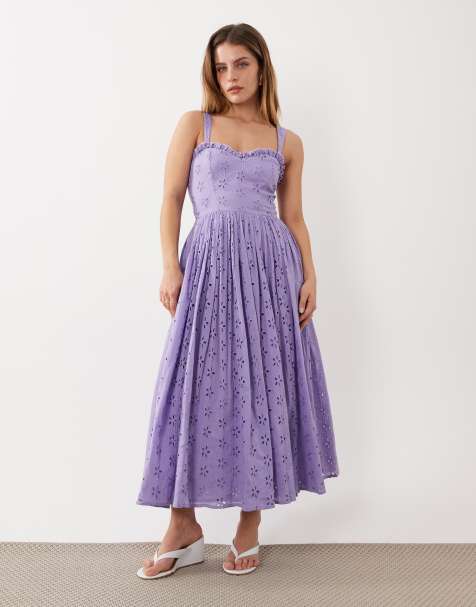 Lace & Beads Petite broderie cotton corset midaxi dress in lilac - view 1